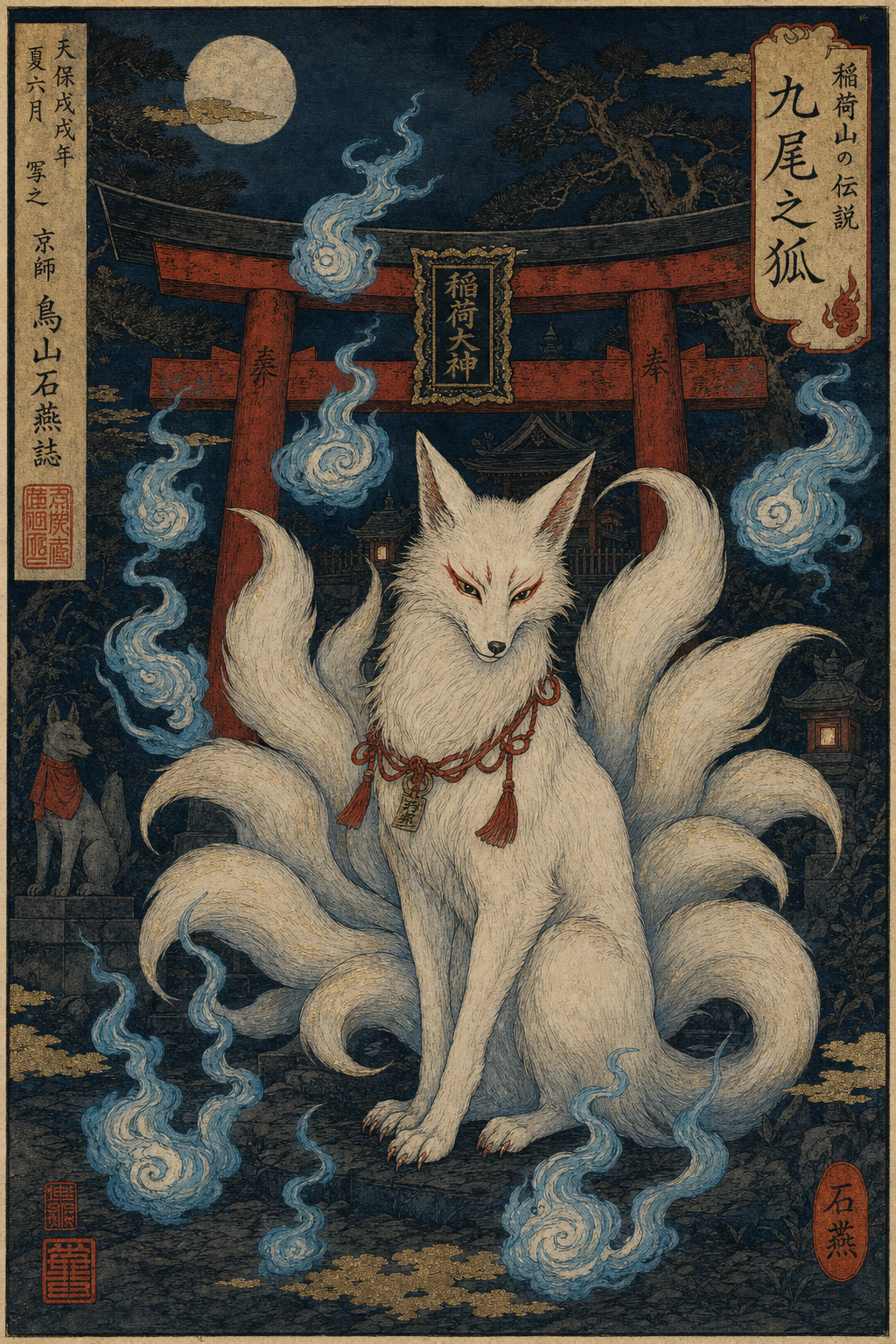 A kitsune fox spirit before a red torii gate under the moon.