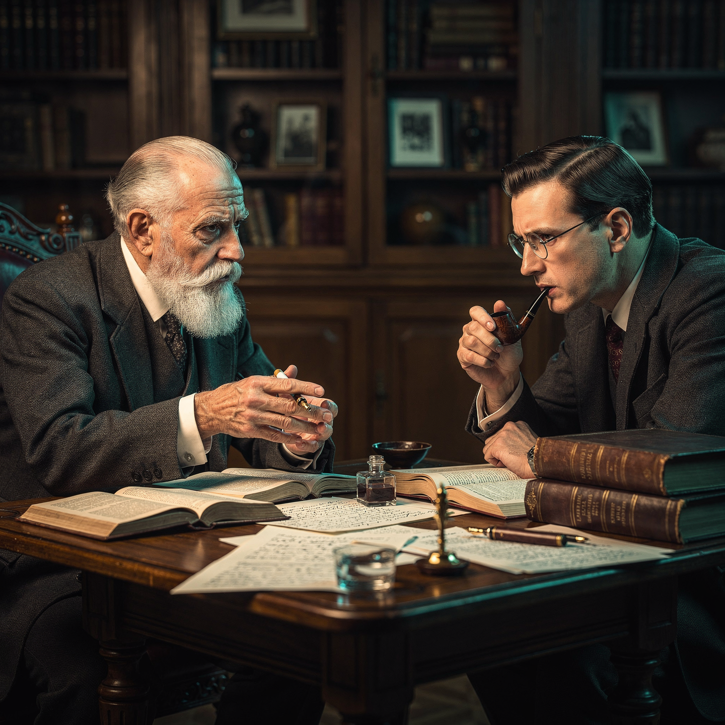 Two scholars studying papers and books at a table.