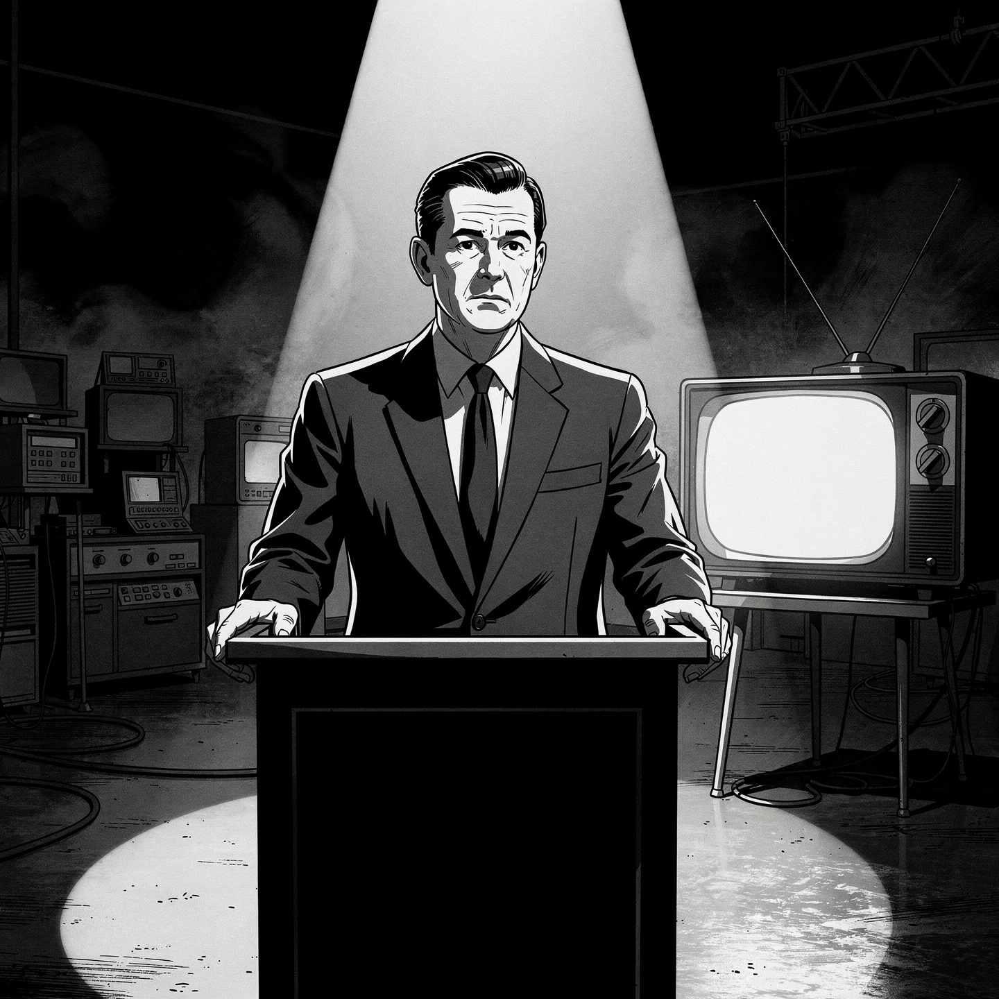 A black and white television host speaking at a podium.