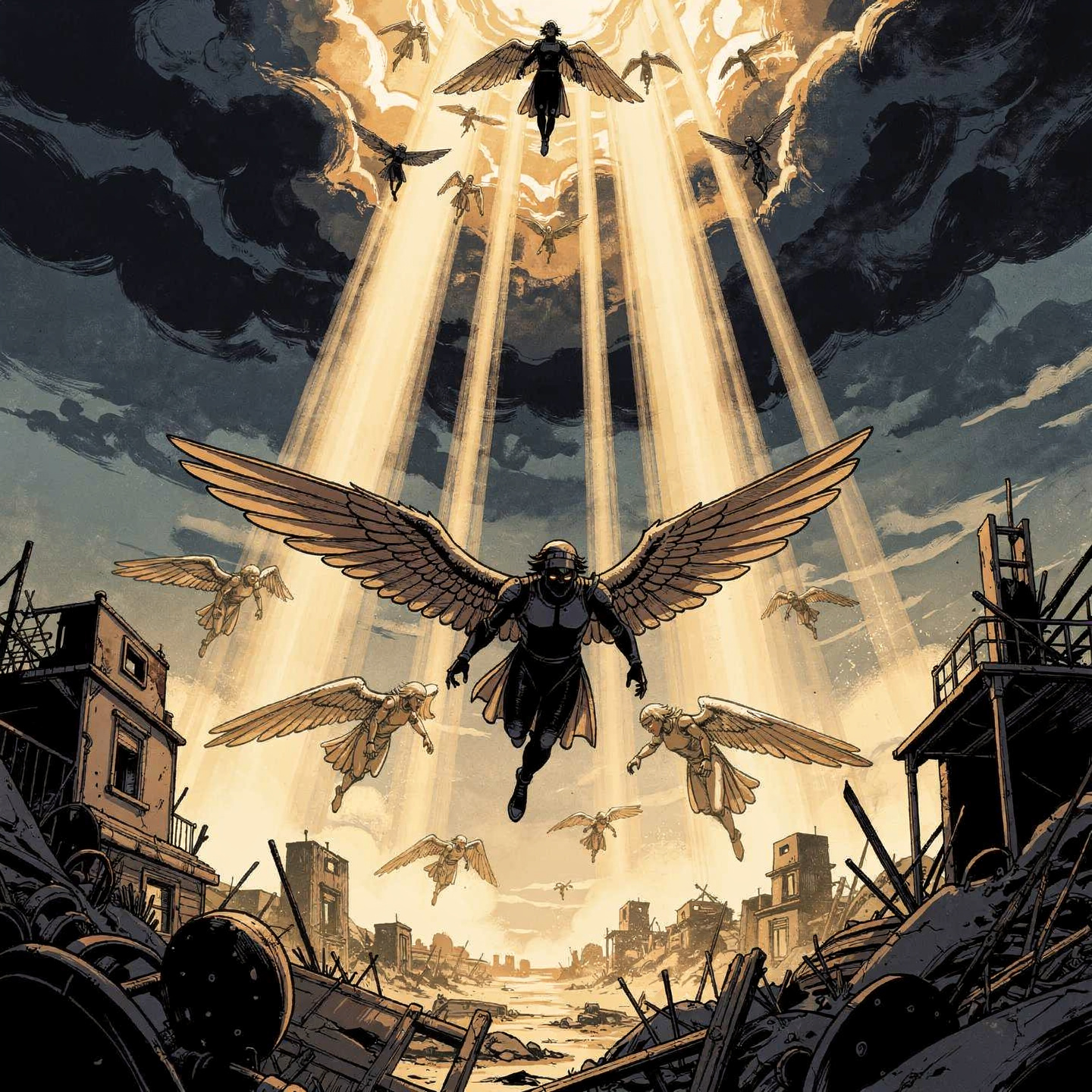 Angelic figures descending in shafts of light over ruins.