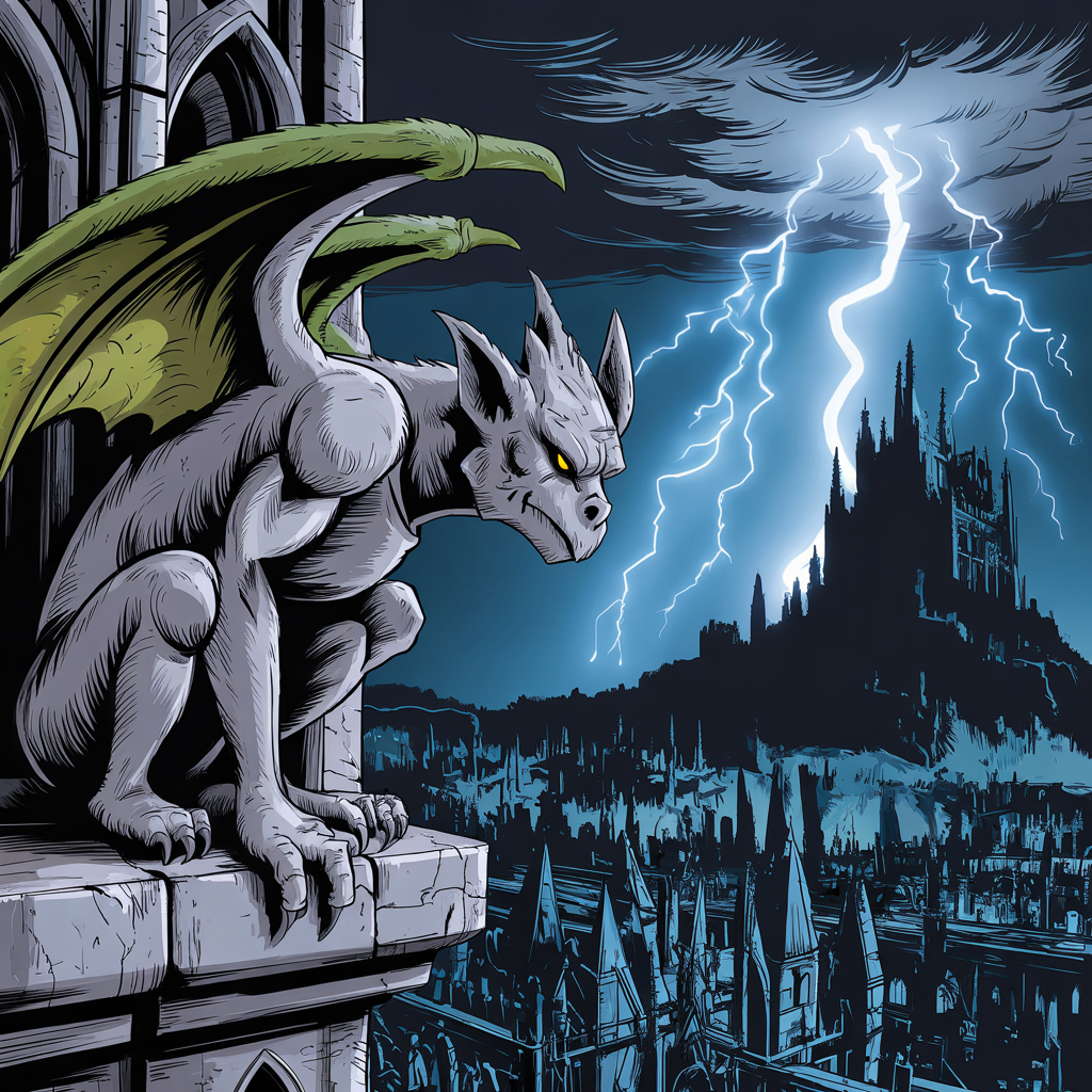 A gargoyle above a gothic skyline during a storm.