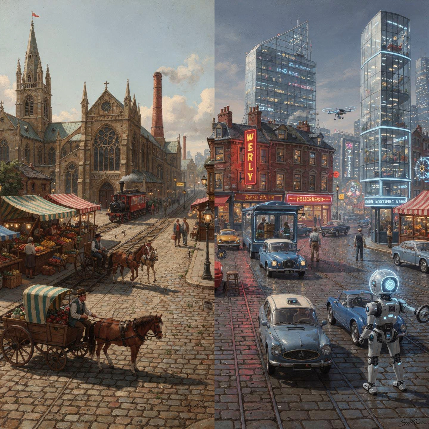 A city split between historical revolution and future machinery.