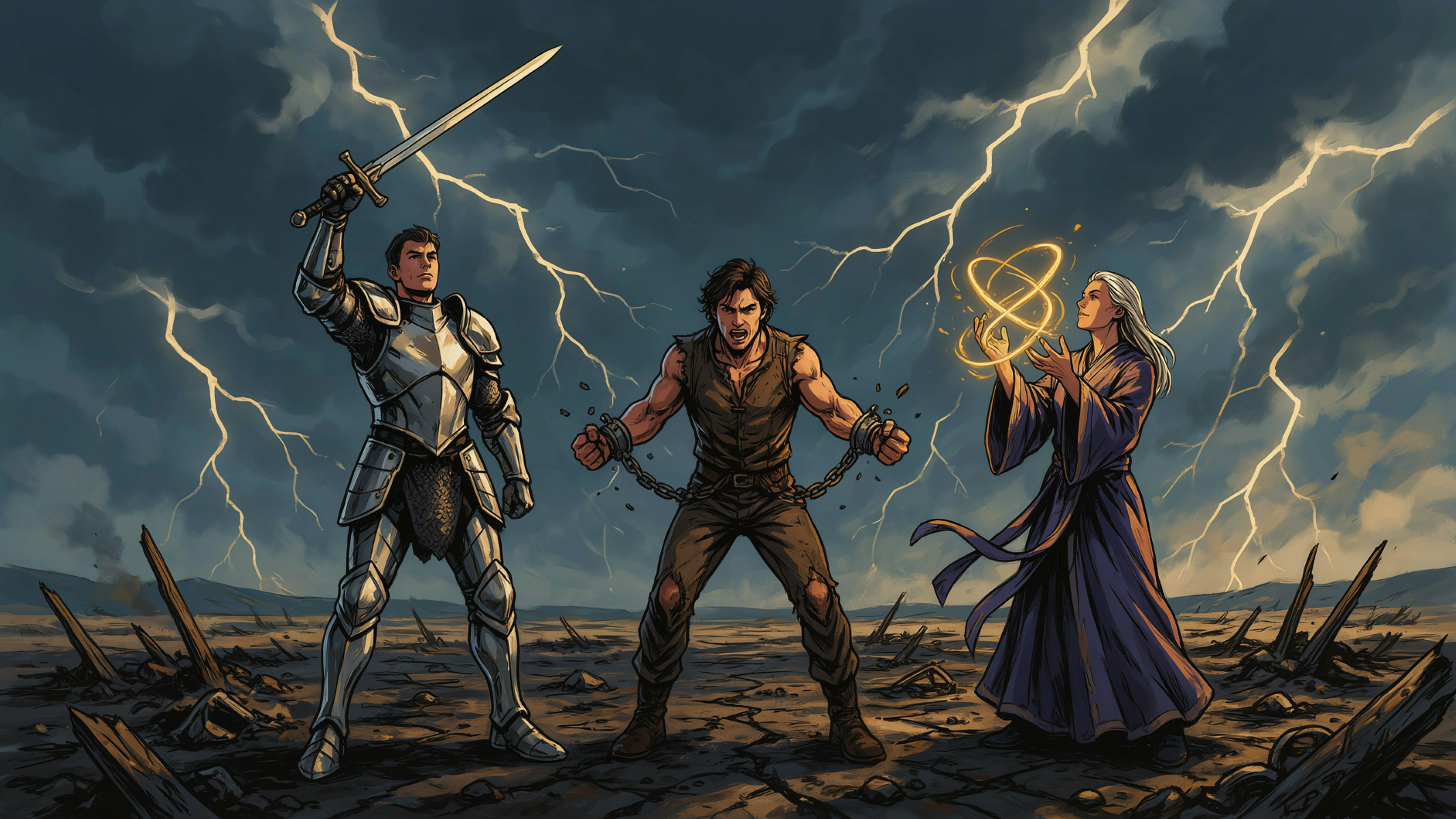 Three archetypal figures representing the hero, rebel, and magician beneath a storm-lit sky.