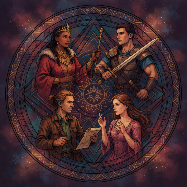 Four archetypal figures arranged within a symbolic mandala.