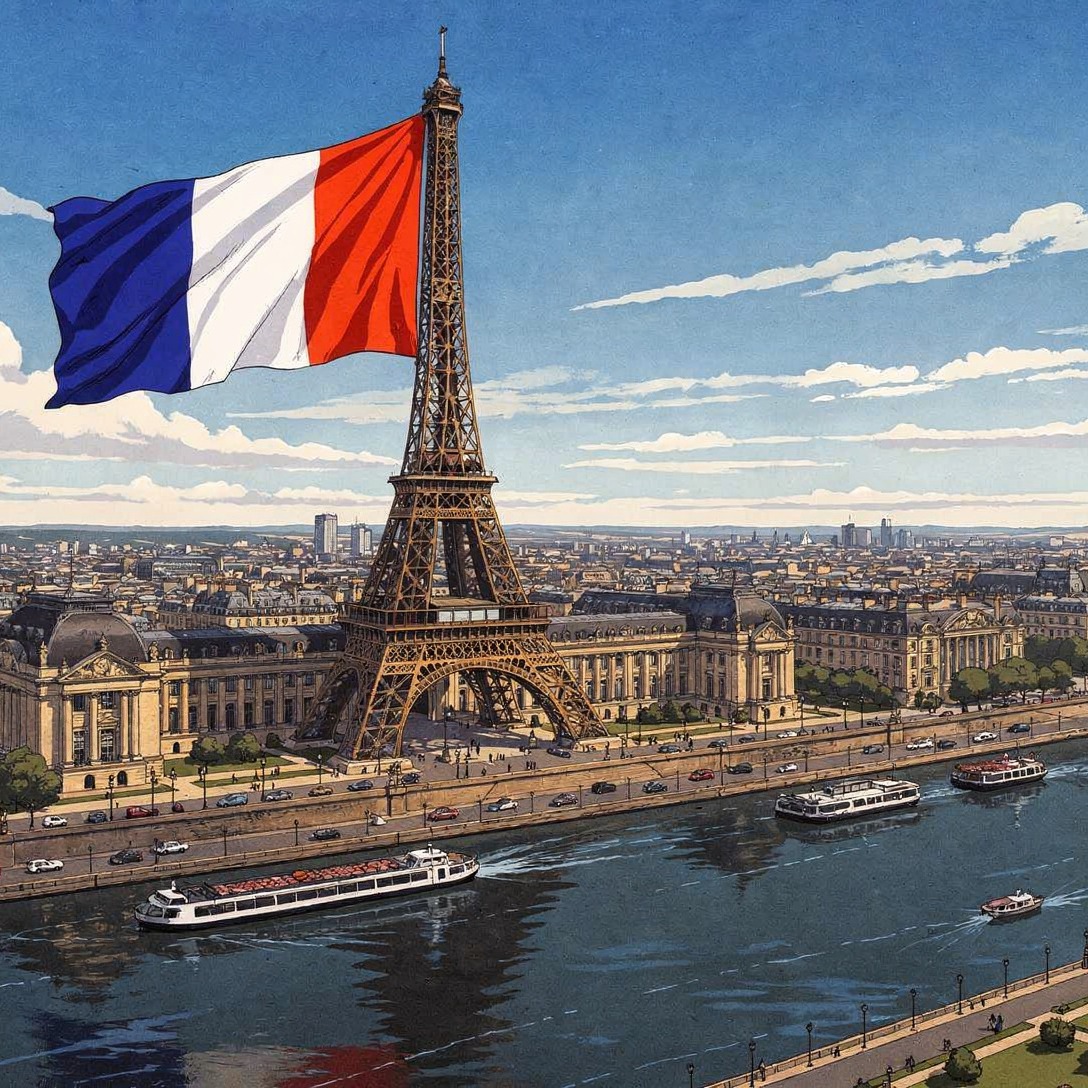 Paris and the Eiffel Tower beneath a French flag.