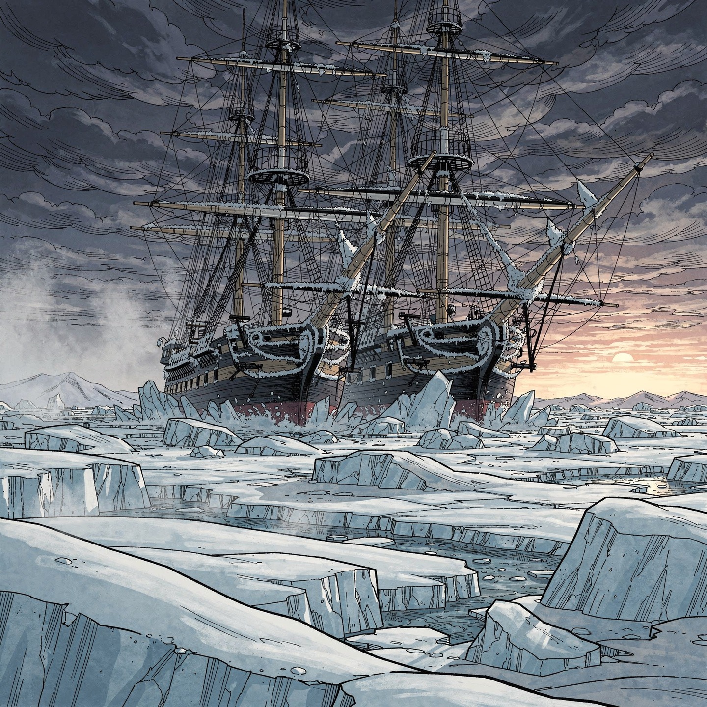 Two tall ships locked in Arctic sea ice at sunset.