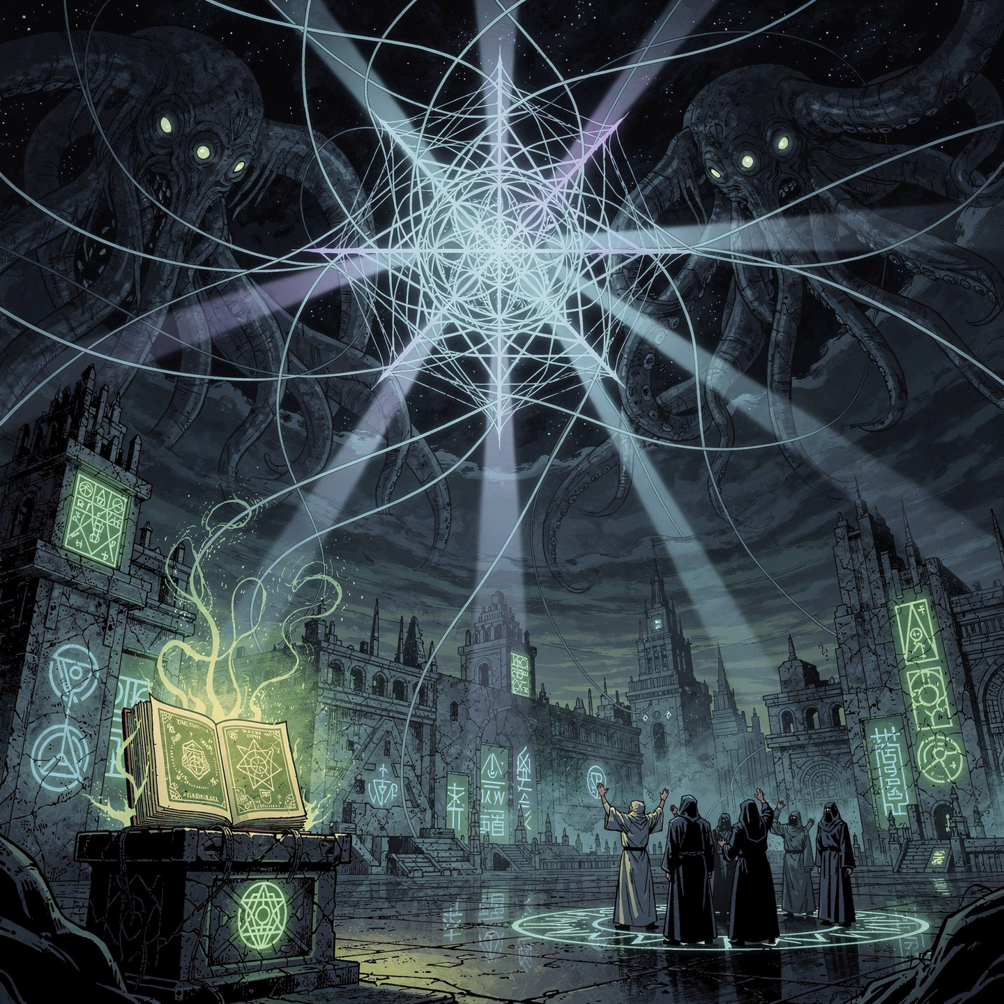 A cosmic ritual scene with tentacles, light beams, and a glowing book.