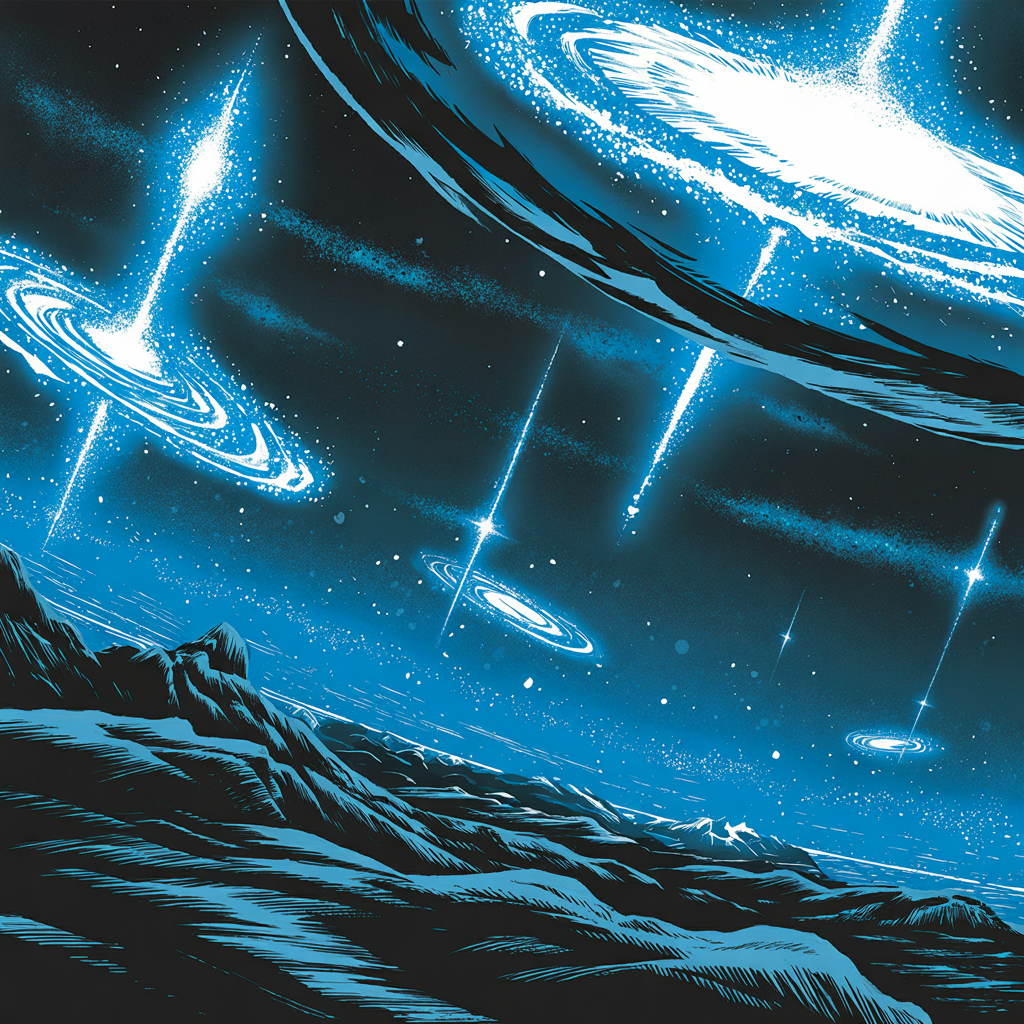 A blue cosmic landscape with distant galaxies and glowing trails.