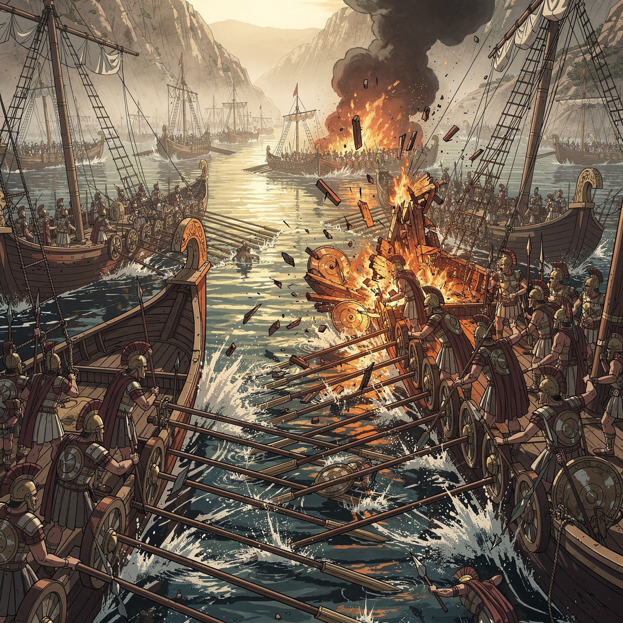 Ancient ships and soldiers fighting in a naval battle.