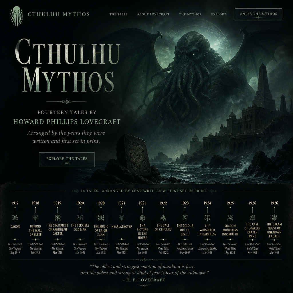 Cthulhu rising over a dark coastal ruin for The Mythos Concordance.