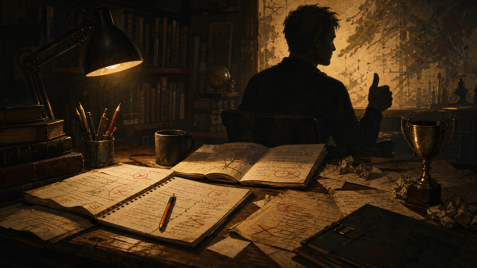 A warm study desk with report cards, red ink, and reflective notes about failure.