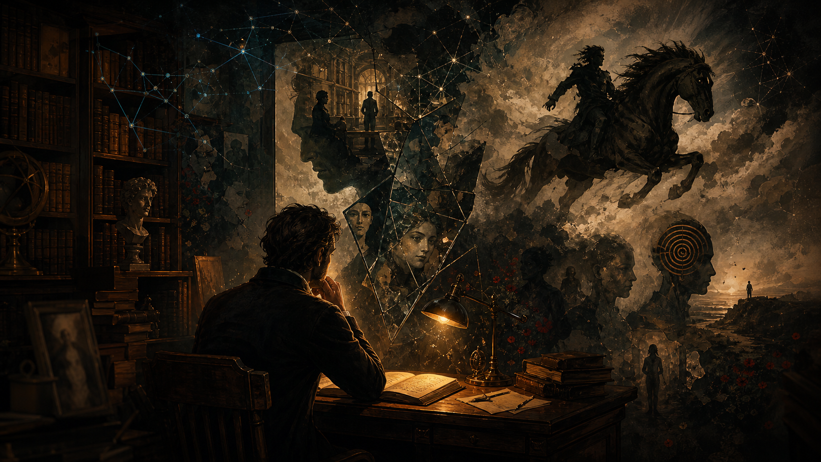 A surreal archive room dissolving into symbolic layers of consciousness.