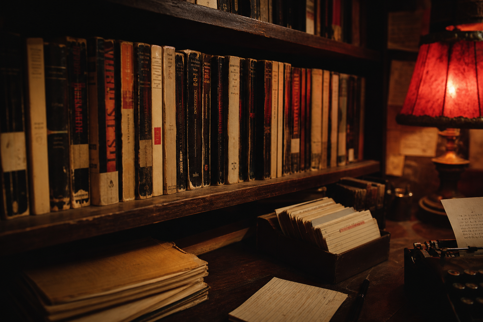 Worn paperbacks on a dark shelf lit by a red lamp.