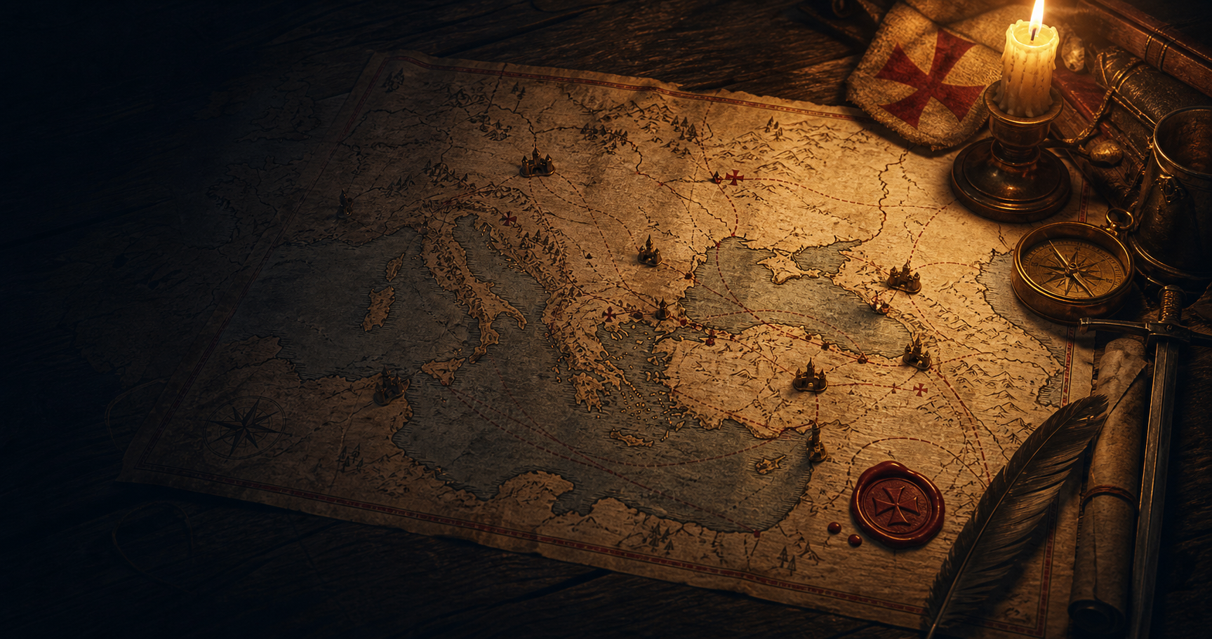 A medieval parchment map with route lines, compass, seal, and candlelight.